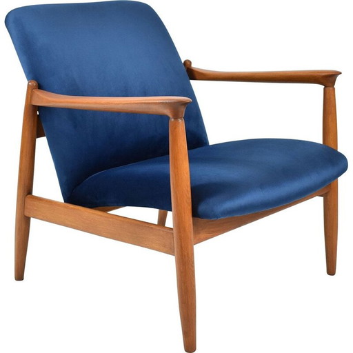 Fauteuil vintage GFM64, icône velours bleu années 1960