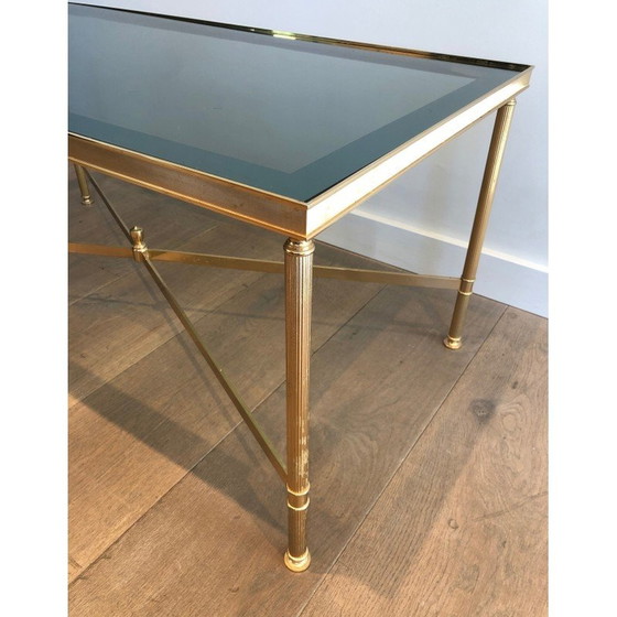 Image 1 of Table basse vintage en métal doré avec plateau en verre bleuté, 1940