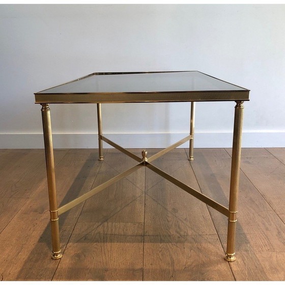 Image 1 of Table basse vintage en métal doré avec plateau en verre bleuté, 1940