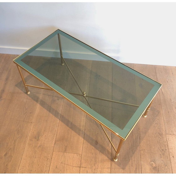 Image 1 of Table basse vintage en métal doré avec plateau en verre bleuté, 1940
