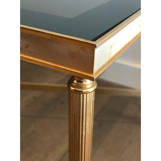 Image 1 of Table basse vintage en métal doré avec plateau en verre bleuté, 1940