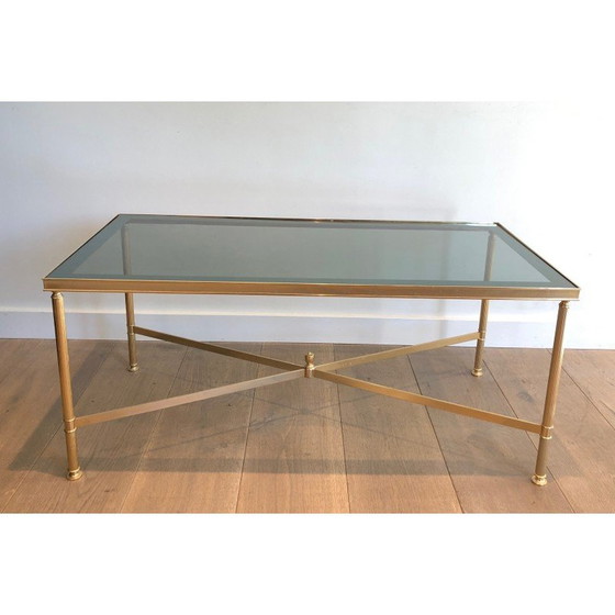 Image 1 of Table basse vintage en métal doré avec plateau en verre bleuté, 1940