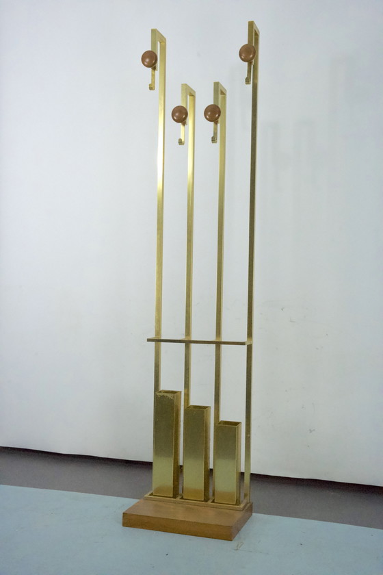 Image 1 of Porte-manteau en laiton et bois Mid Century. Italie 1970S