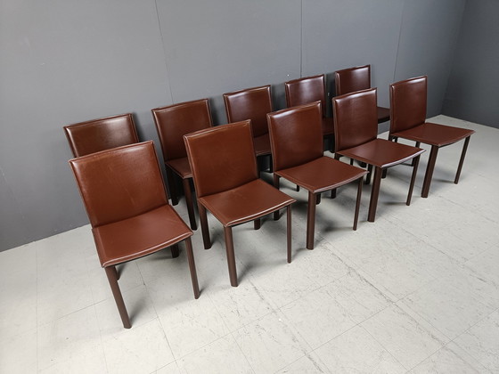 Image 1 of Chaises de salle à manger vintage en cuir marron, lot de 10