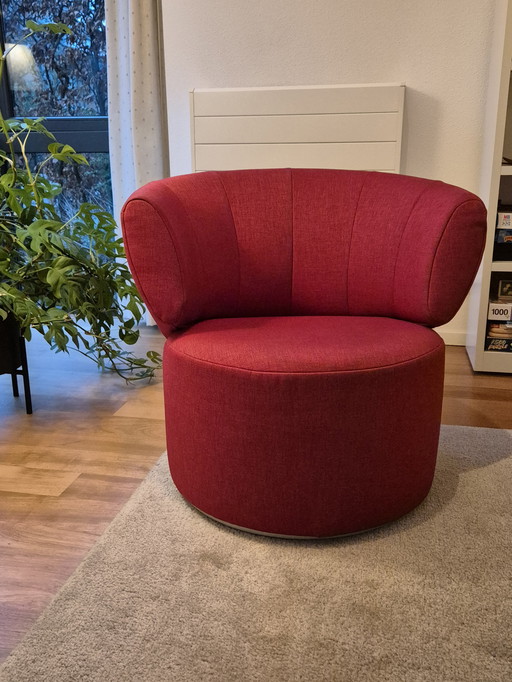 Fauteuil pivotant Rolf Benz #684 en rouge et jaune (tissu)