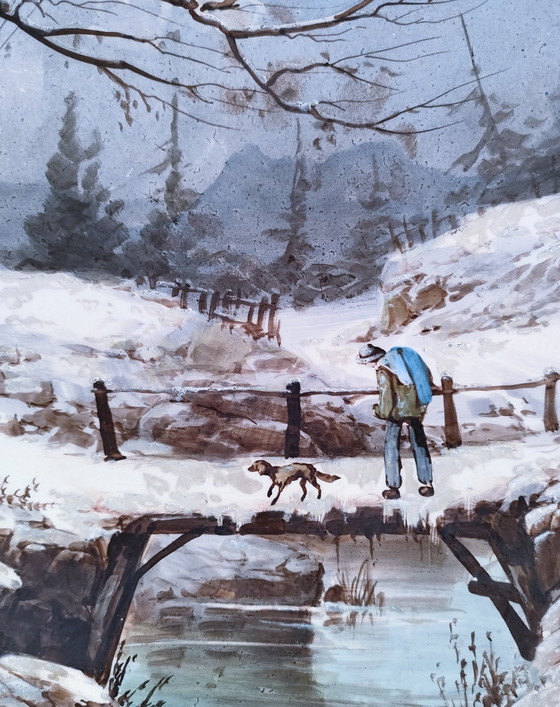 Image 1 of Grande Assiette Décorative Paysage Hivernal Porcelaine Début Xxème