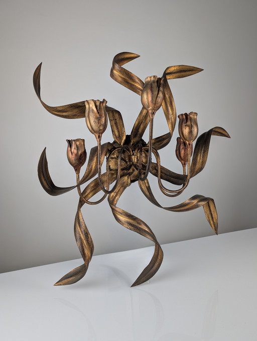 Grand chandelier mural vintage avec tulipes dorées, 1960S