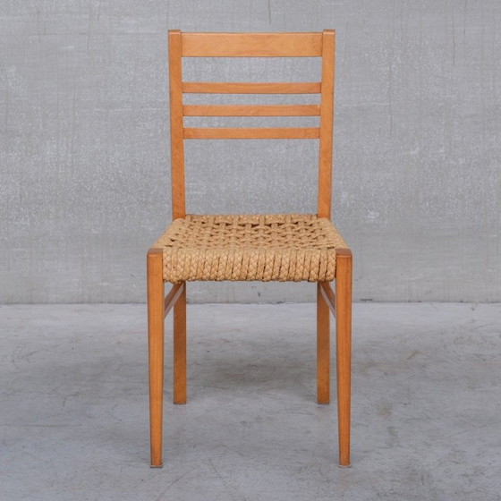 Image 1 of Ensemble de 5 chaises de salle à manger en bois et corde du Mid Century français par Audoux-Minet, 1960s
