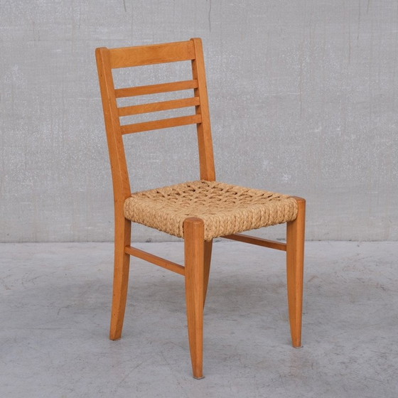 Image 1 of Ensemble de 5 chaises de salle à manger en bois et corde du Mid Century français par Audoux-Minet, 1960s