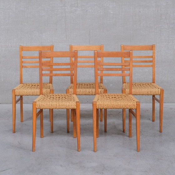 Image 1 of Ensemble de 5 chaises de salle à manger en bois et corde du Mid Century français par Audoux-Minet, 1960s