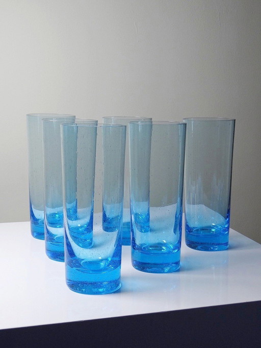 6 Verres Hauts Vintages Verre Fin Turquoise Bullé Soufflé À La Bouche
