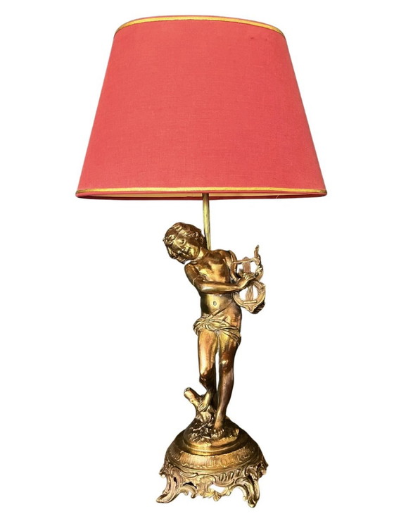 Image 1 of Lampe De Table En Bronze Doré Par Auguste Moreau « Le Joueur De Lyre », Vers 1890