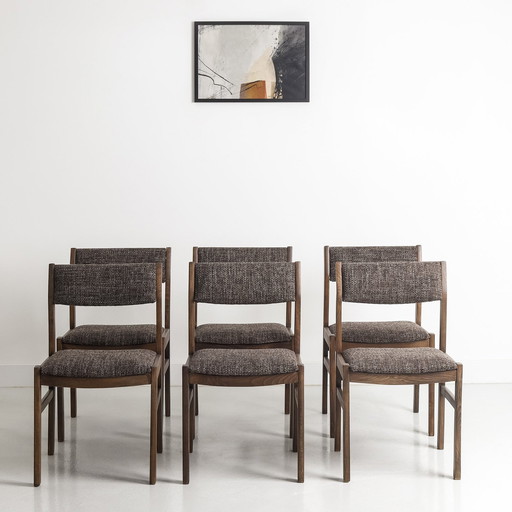 Lot De 6 Chaises Vintage, Circa 1970, Entièrement Rénovées (Tissu Et Structure)