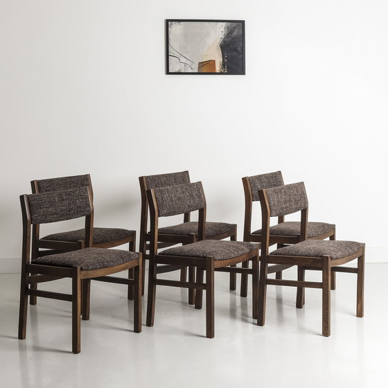 Image 1 of Lot De 6 Chaises Vintage, Circa 1970, Entièrement Rénovées (Tissu Et Structure)