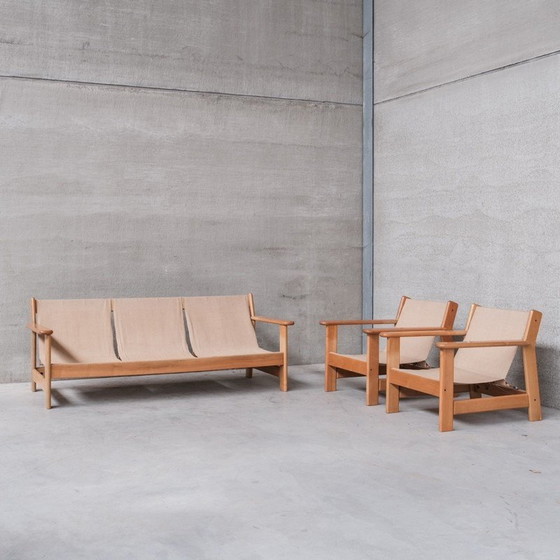 Image 1 of Ensemble de sièges vintage en bois, cuir et toile, France 1970