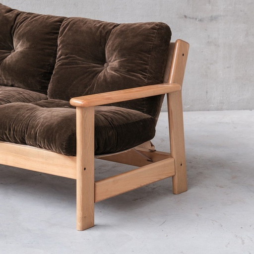 Ensemble de sièges vintage en bois, cuir et toile, France 1970