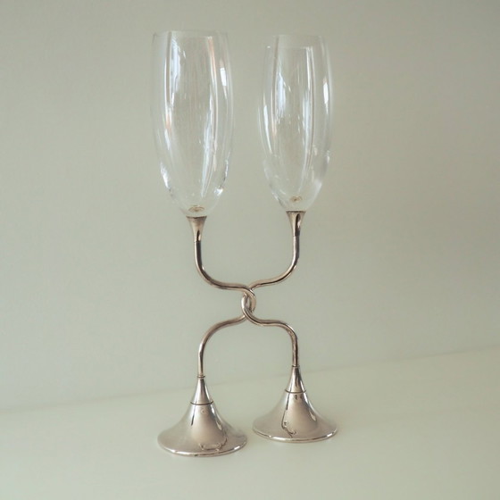 Image 1 of Paire de flûtes de mariage ou de fiançailles en cristal argenté