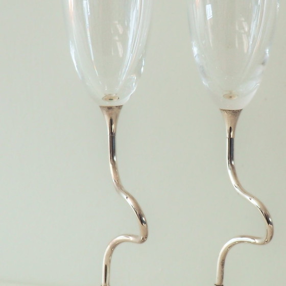 Image 1 of Paire de flûtes de mariage ou de fiançailles en cristal argenté