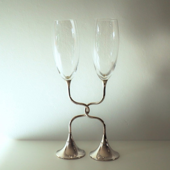 Image 1 of Paire de flûtes de mariage ou de fiançailles en cristal argenté
