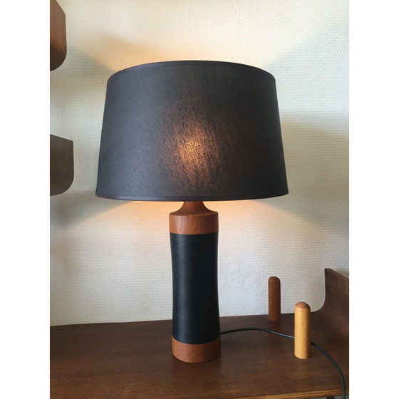 Image 1 of Lampe à poser vintage Teck et cuir Mid Century, Scandinave 1950s