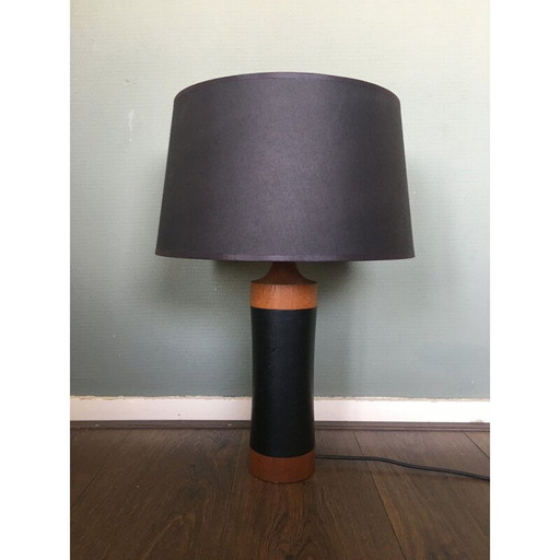 Lampe à poser vintage Teck et cuir Mid Century, Scandinave 1950s