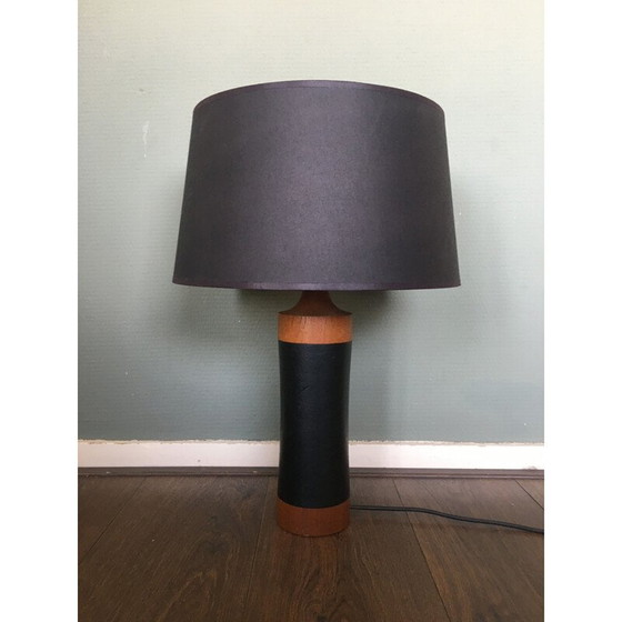 Image 1 of Lampe à poser vintage Teck et cuir Mid Century, Scandinave 1950s