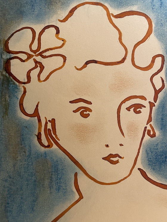 Image 1 of Tableau Encre et Pastel Portrait Femme Art Déco