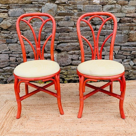 Image 1 of Paire de chaises vintage en rotin rouge et tissu