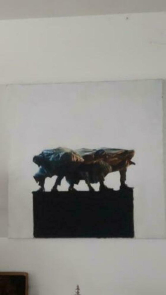 Image 1 of Peinture d'art Pièce originale ! Hans Leijerrzapf s'appelle : "Hurrying Triplets On Green" (Triplés pressés sur le vert)