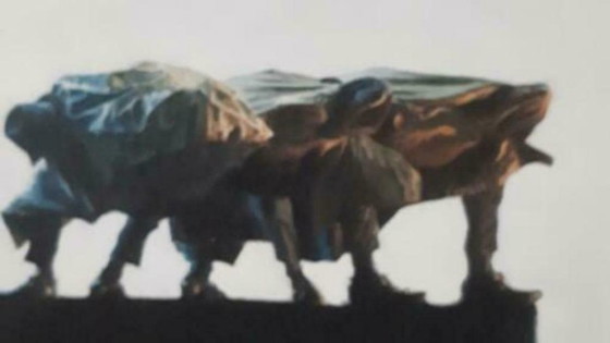 Image 1 of Peinture d'art Pièce originale ! Hans Leijerrzapf s'appelle : "Hurrying Triplets On Green" (Triplés pressés sur le vert)