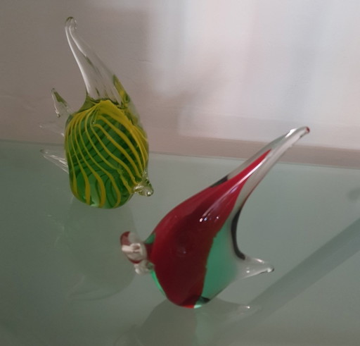 2X Sculptures de poissons en verre de Murano, 1950S