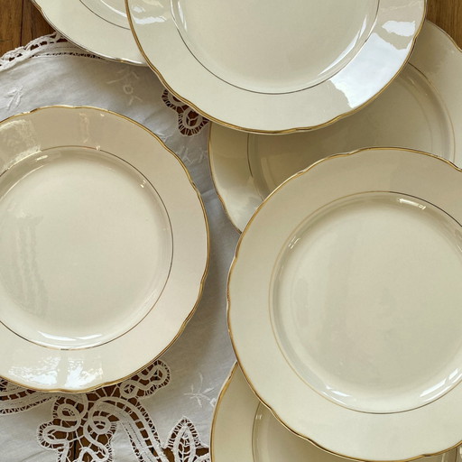 Lot De 6 Assiettes Plates Faïence Ancienne Couleur Beige Et Dorure Villeroy Et Boch