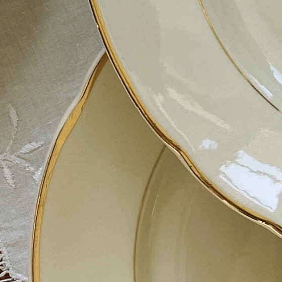 Image 1 of Lot De 6 Assiettes Plates Faïence Ancienne Couleur Beige Et Dorure Villeroy Et Boch