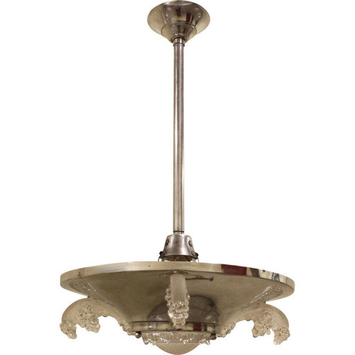 Lampe suspendue Art déco en verre et métal pour Ezan, France années 1920