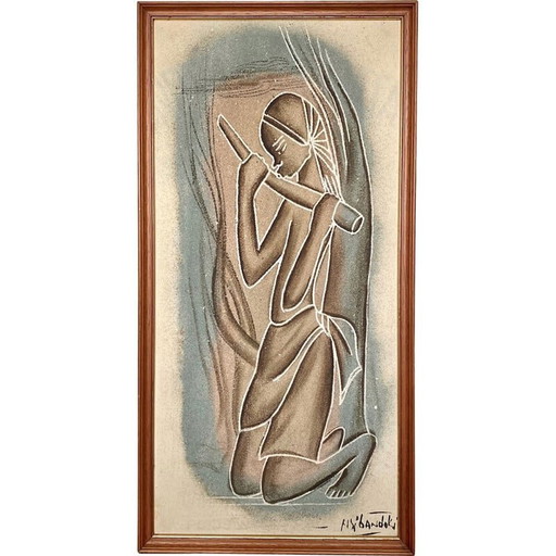 Vintage acrylique sur toile Art africain par Ny'Bandoki, 1950s