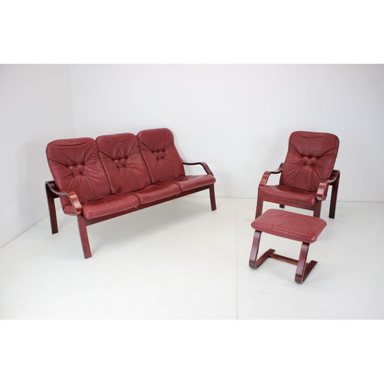 Image 1 of Ensemble de salon vintage en cuir et bois de hêtre courbé par Ton, Tchécoslovaquie 1980