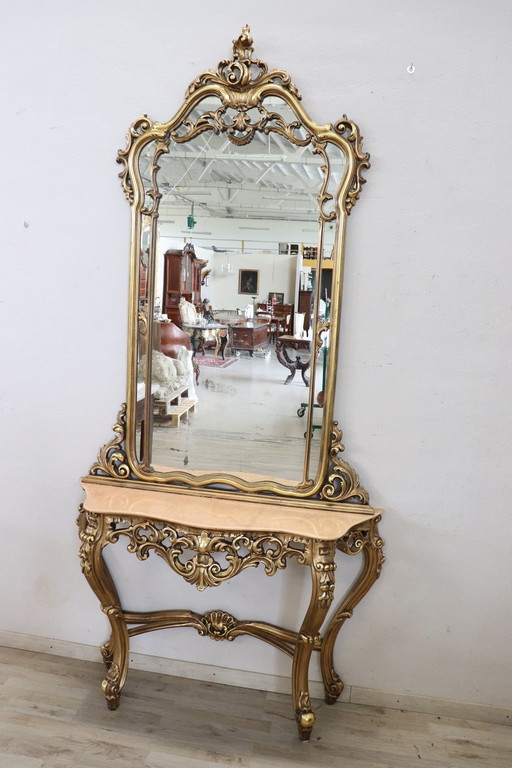 Table console avec miroir en bois doré et marbre, 20e siècle