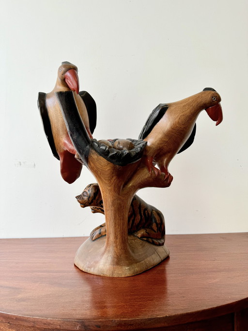 Grande sculpture d'oiseau africain en bois