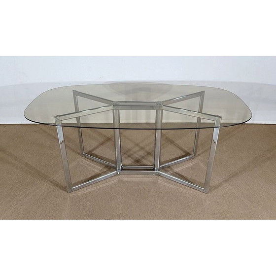 Image 1 of Table vintage en métal chromé et verre fumé, 1970