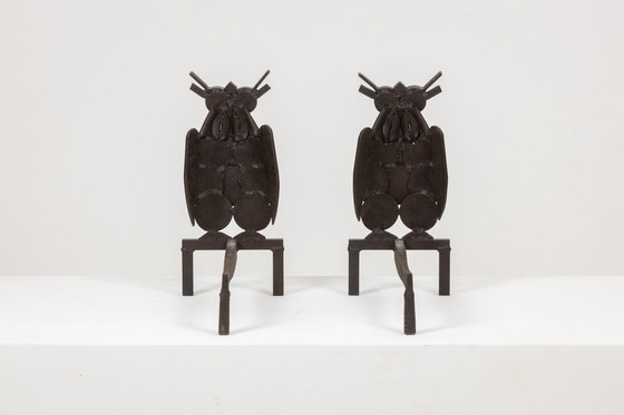 Image 1 of Paire De Chenets En Fer, Représentant Une Chouette. Années 1950.