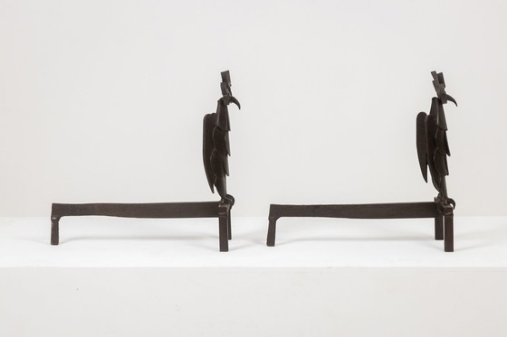 Image 1 of Paire De Chenets En Fer, Représentant Une Chouette. Années 1950.