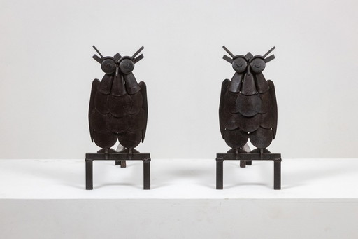 Paire De Chenets En Fer, Représentant Une Chouette. Années 1950.