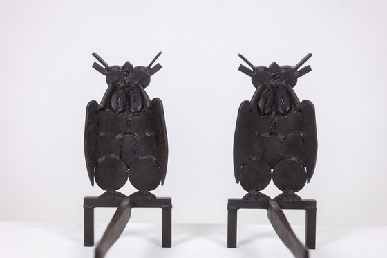 Image 1 of Paire De Chenets En Fer, Représentant Une Chouette. Années 1950.