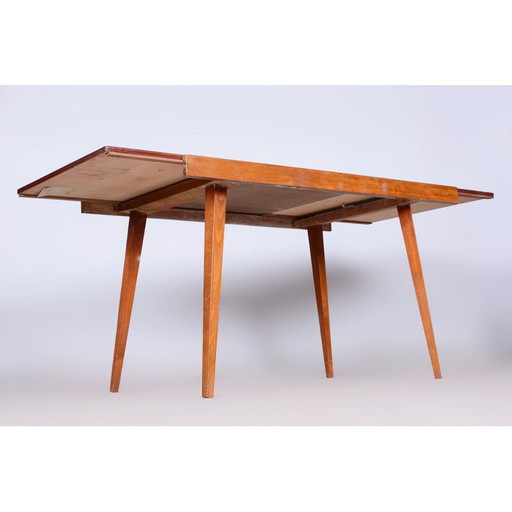Table de salle à manger pliante vintage en hêtre et placage d'acajou, Tchécoslovaquie 1960