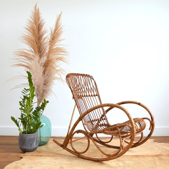 Image 1 of Fauteuil à bascule en rotin vintage de Rohe Noordwolde, 1950-1960