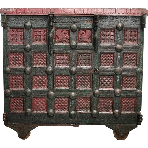 Vintage Asian Ornate sculpted wood Damchiya dowry chest