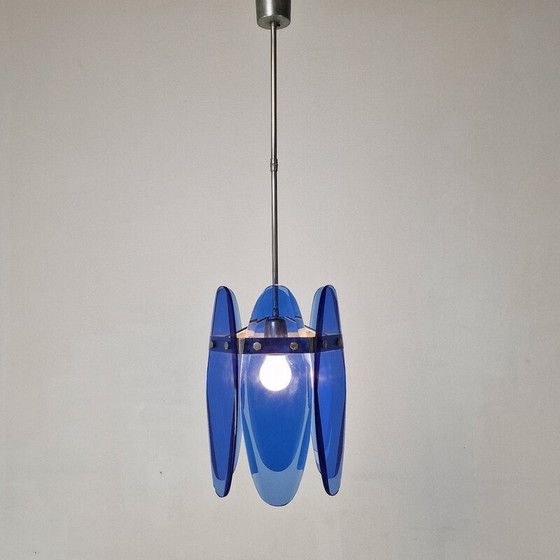 Image 1 of Lampe suspendue vintage en verre bleu par Veca, Italie 1970