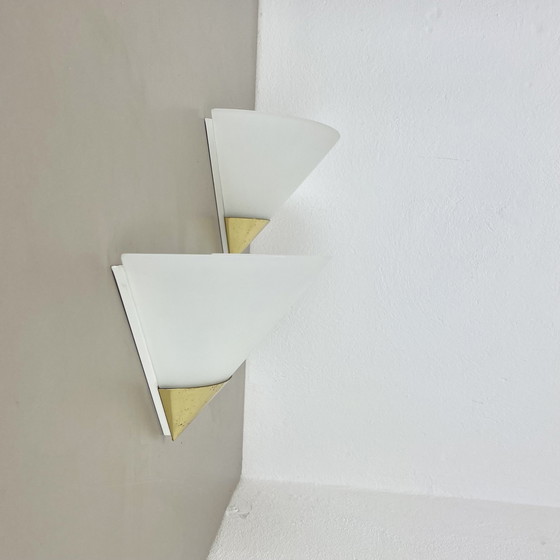 Image 1 of Ensemble de 2 appliques en laiton et verre satiné par Glashütte Limburg, Allemagne, années 1980