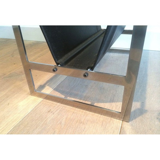 Image 1 of Porte-revues vintage en acier brossé et cuir, 1970