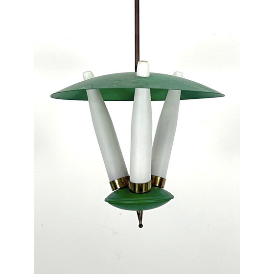 Image 1 of Lampe suspendue vintage avec 3 verres opalins et métal, Italie 1950